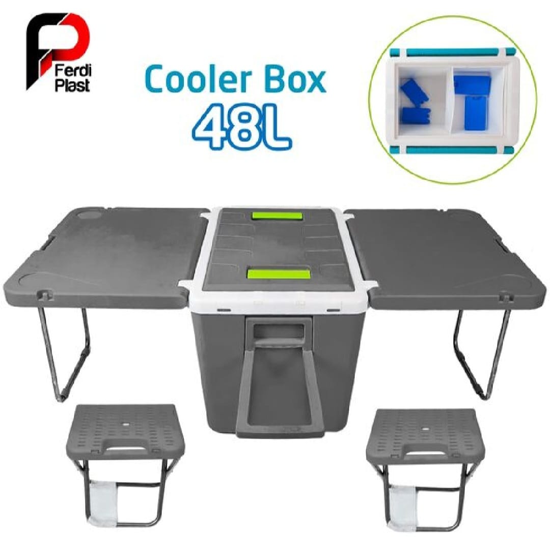 Ferdi Glacière Portative 48L Avec Table, 2 Chaise Ideal Pour Camping