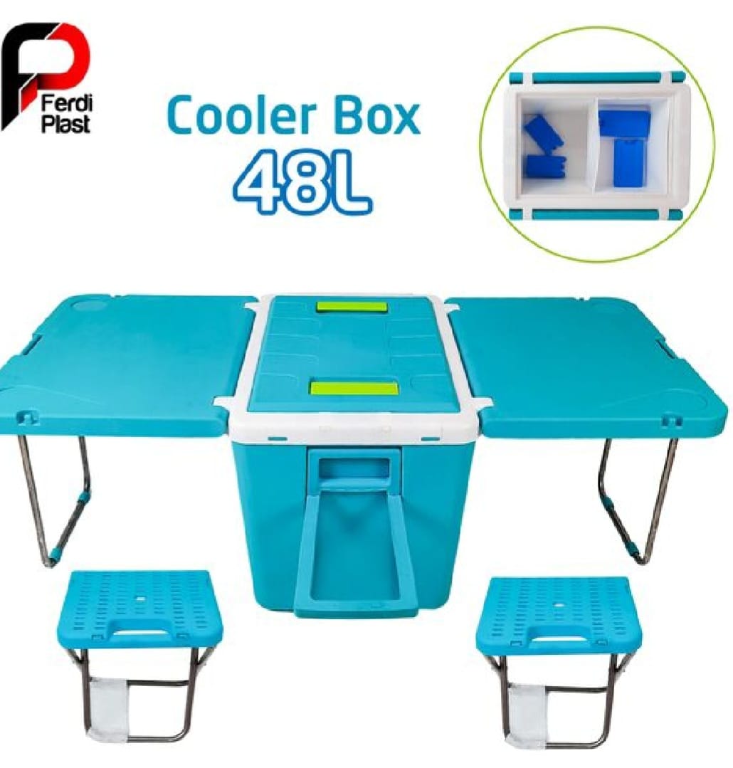 Ferdi Glacière Portative 48L Avec Table, 2 Chaise Ideal Pour Camping